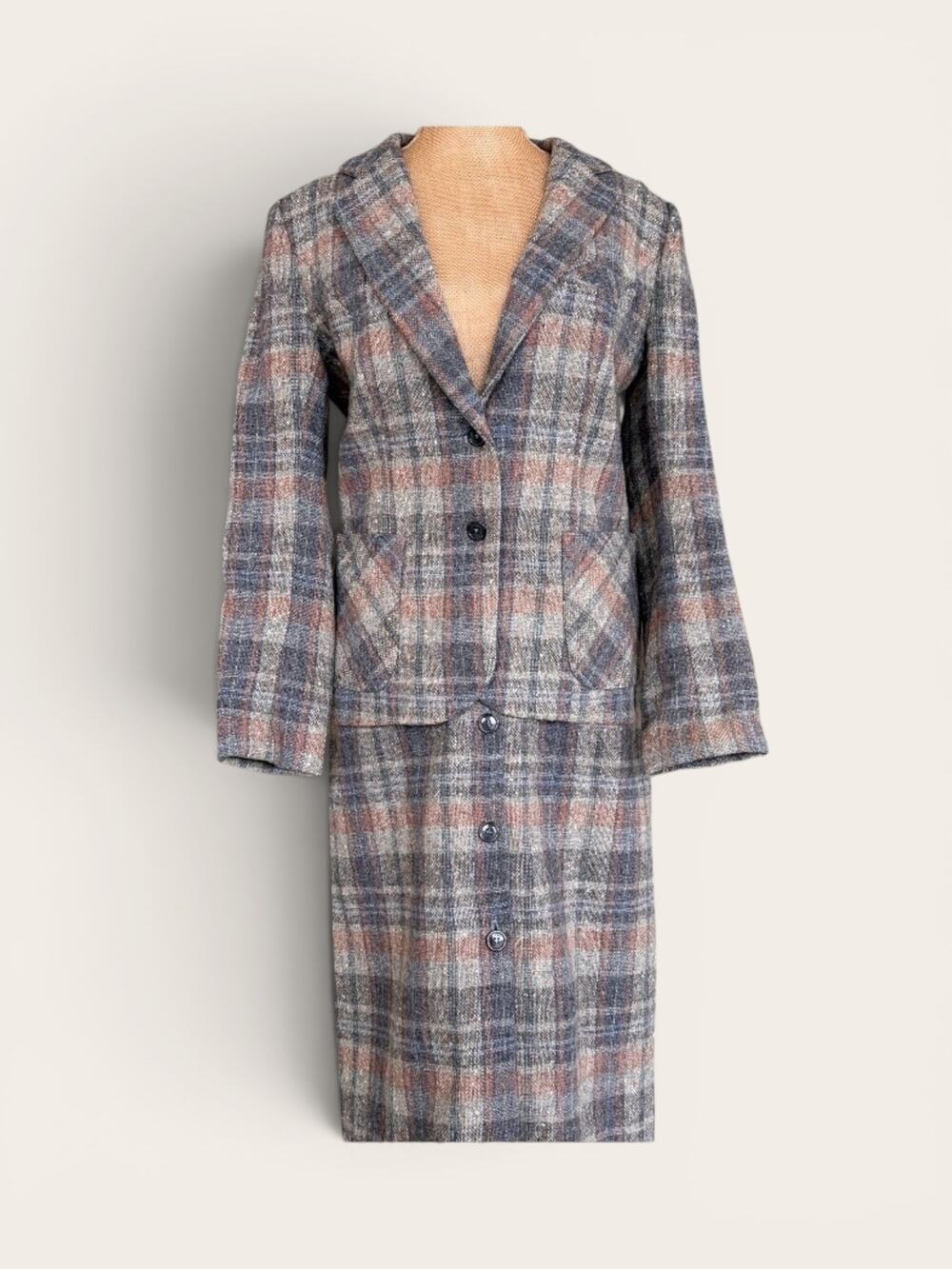 VTG Gray Plaid Wool Blend Two Piece Skirt Suit